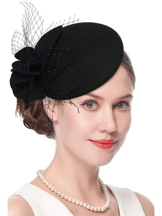 Women\'s Wool Felt Flower Pillbox Hat British Wedding Church Derby Hats 2006Black
